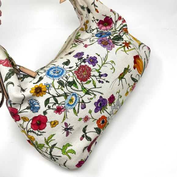Gucci Horsebit Hobo Multicolor Flora Floral Cloth Leather Shoulder Bag Purse - Picture 10 of 17